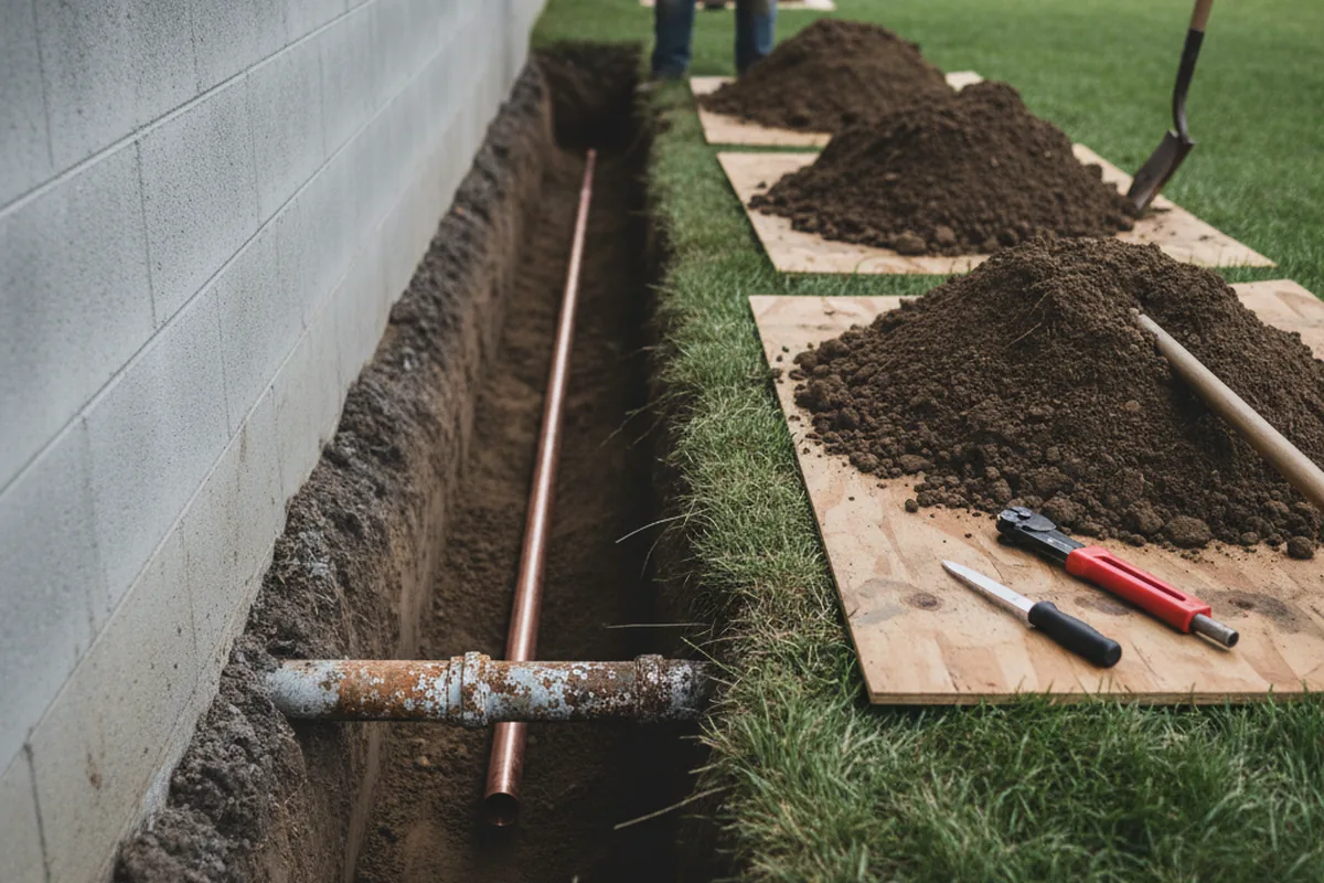 Excavated water line trench during Water Softener Installation in Spotswood